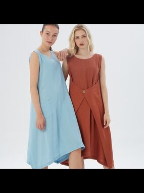 Sleeveless A-Line Linen Dress in Light Blue